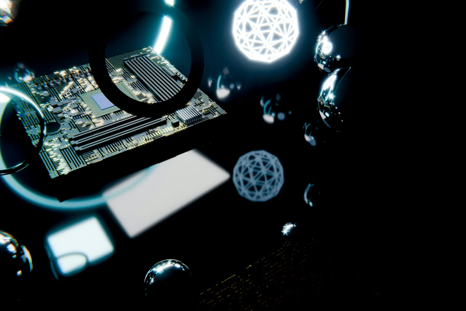 Abstract 3D render of a circuit board floating in dark space with glowing geometric shapes