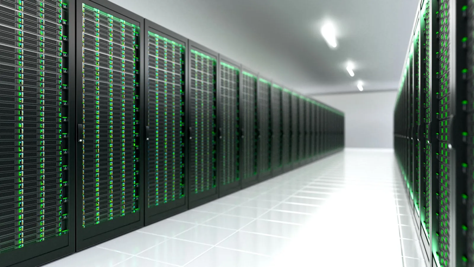 Data center corridor with rows of server racks and green status lights