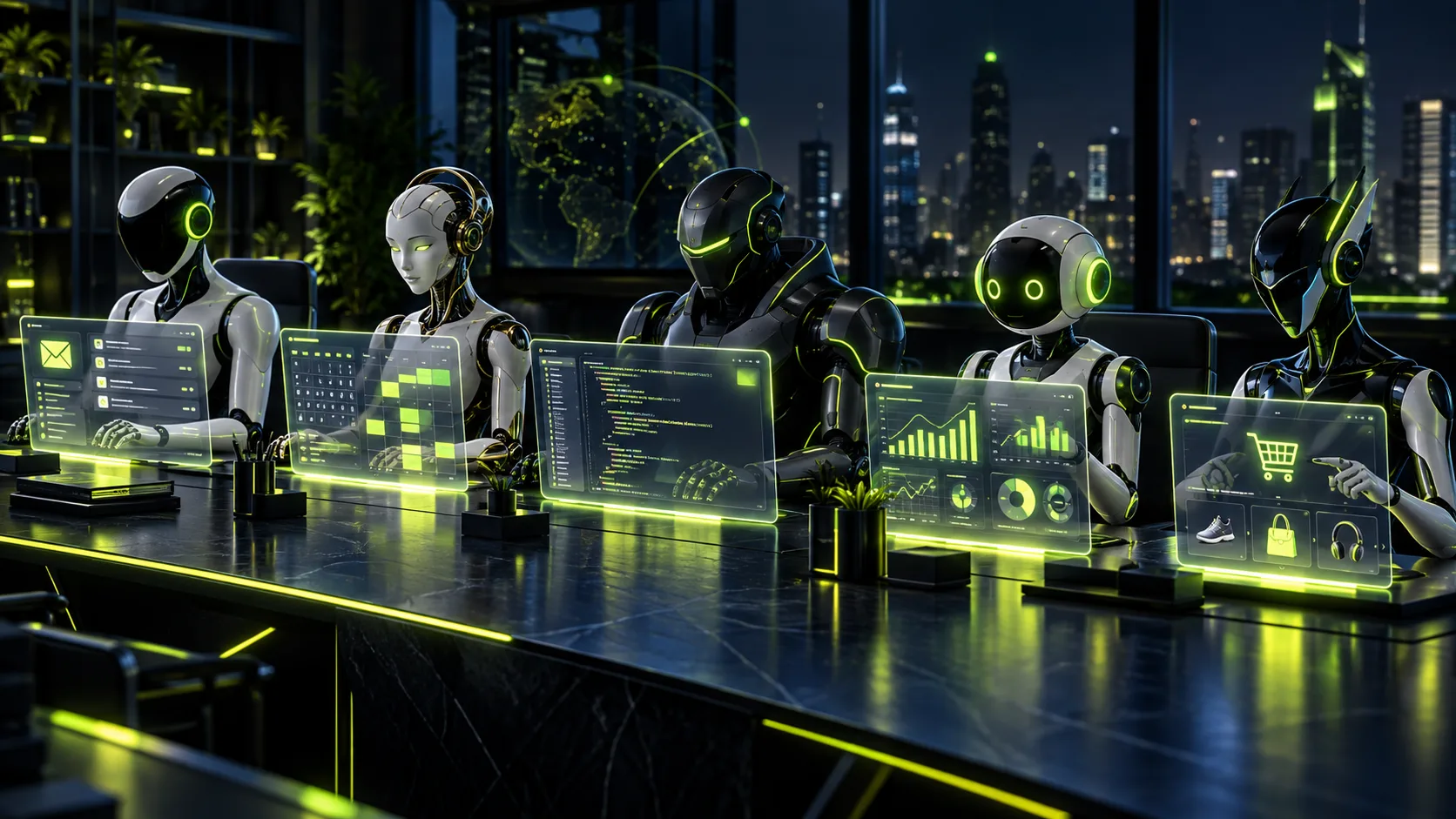 Five AI robot assistants working side by side at holographic screens — email, calendar, code, charts, and shopping