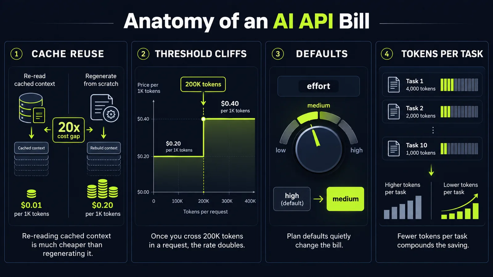 Anatomy of an AI API bill: four panels comparing sticker price against the real cost per task
